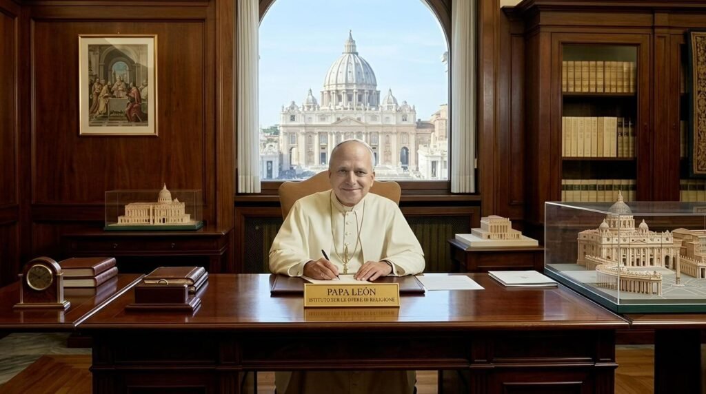 Papa FranciscoLeon XIV sentado en su escritorio